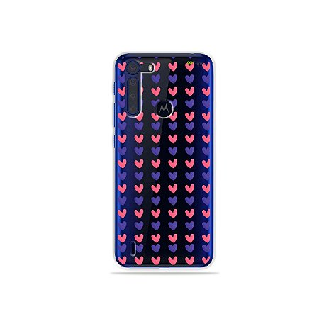 Capinha (Transparente) Corações Roxo com Rosa para Moto One Fusion