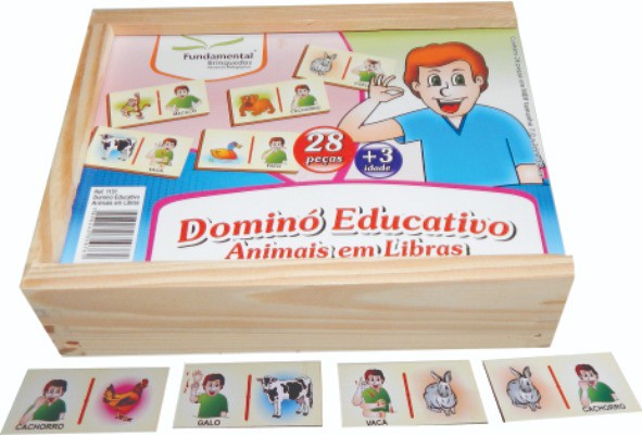 Brinquedo Educativo Domino Animais Em Libras MDF 28 Peças - Fundamental
