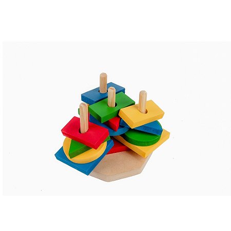 Brinquedo Educativo Torre De Formas Geométricas Em Mdf Com 16 Peças