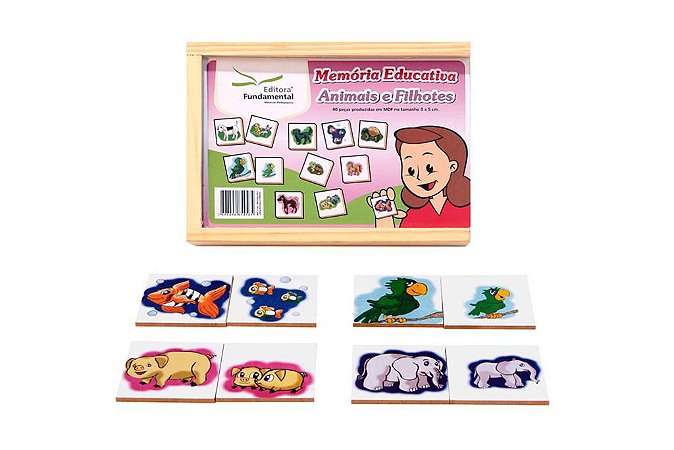 Brinquedo Educativo Memória Animais E Filhotes Jogo Com 40 Peças Mdf