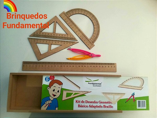 Kit Desenho Geometrico Básico Adaptado Braille 5 Peças Inclusão MDF