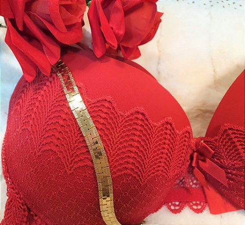 Conjunto rubi em renda italiana com alças ouro dourado