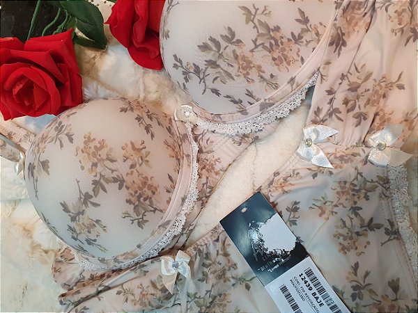 Conjunto estampa floral com bojo e calcinha fio dental aimê lingerie