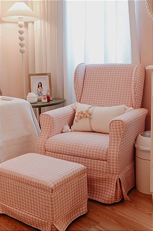 Poltrona Amamentação Balanço e Puff Grande Tecido Linho Jacquard