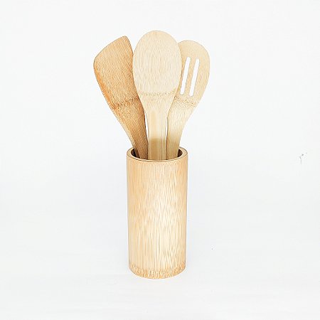Kit de Porta Utensílios e 03 Colheres de Bambu Natural