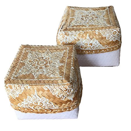 Cesto Quadrado Palha Branco com Tampa