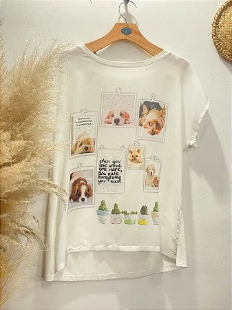 T-Shirt Off White Com Estampa Cães Gatos e Cactos 48