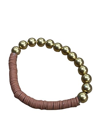 Pulseira Miçangas Dourada e Lantejoula Nude