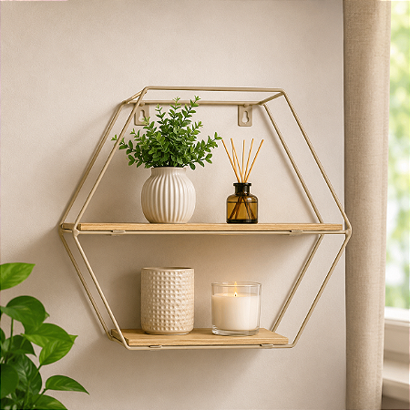 Prateleira Decorativa de Metal com 2 Prateleiras de Madeira