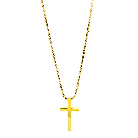 Cordão Colar Aço Inoxidável 70cm Dourado Crucifixo