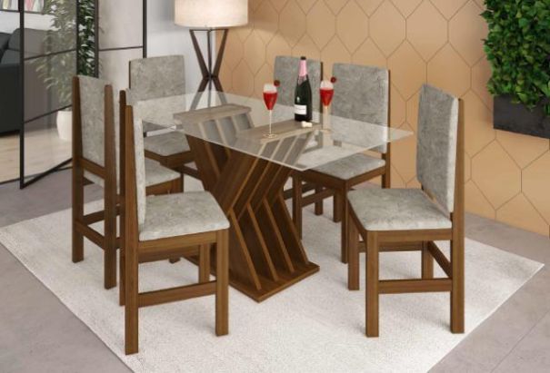 Conjunto Mesa de Jantar com Tampo de Vidro e 6 Cadeiras cor Canela - HB114C