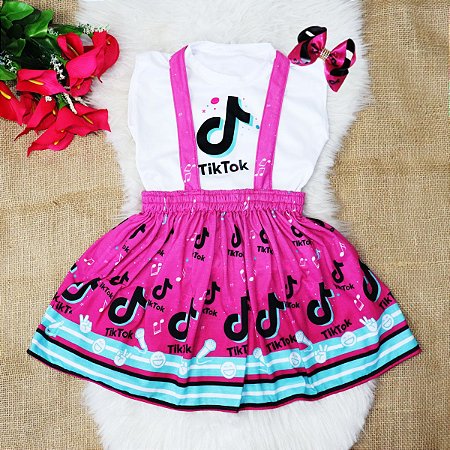 Vestido Infantil Tiktok Festa Jardineira Blusinha Laco Luxo