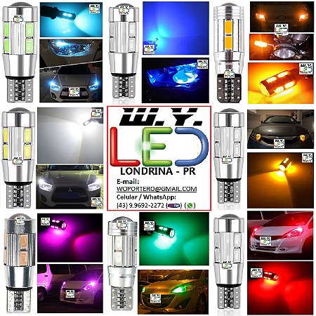 LED T10 HIPER 10 LEDs 5630 Pingo w5w Meia Luz / Farolete / Lanterna Dianteira / Placa / Leitura / DISPONÍVEL EM 8 Cores 12v