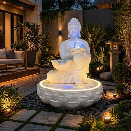 Fonte Decorativa Buda com Cascata, LED e Esfera de Cristal