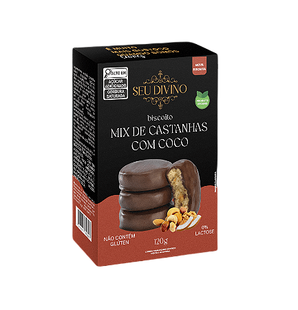 Biscoitos Mix de Castanhas com Coco eCobertura sabor Chocolate 120g - Vegano, Sem Glúten e Lactose
