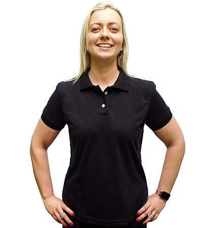 Camisa Polo Preta Básica Feminina em Malha Pique com Manga Curta e sem Estampa