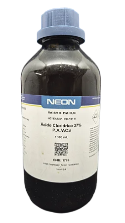 ACIDO CLORIDRICO 37% PA ACS 1L CAS 7647-01-0 *PF/SSP* CONCENTRACAO 37 DENSIDADE 1,19