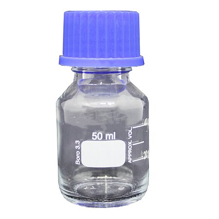 FRASCO REAGENTE VIDRO BORO INCOLOR GRADUADO COM TAMPA ROSCA AZUL 50ML