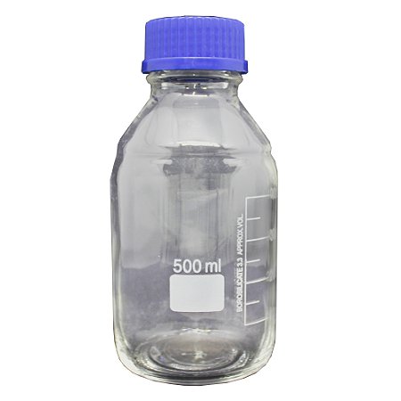 FRASCO REAGENTE VIDRO BORO INCOLOR GRADUADO COM TAMPA ROSCA AZUL 500ML