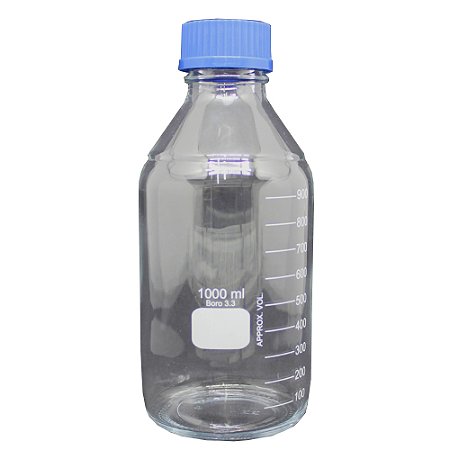 FRASCO REAGENTE VIDRO BORO INCOLOR GRADUADO COM TAMPA ROSCA AZUL 1L