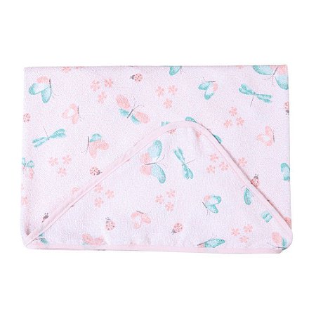TOALHA DE BANHO FELPUDA S/ FORRO 70X70 C/ CAPUZ - BORBOLETAS ROSA