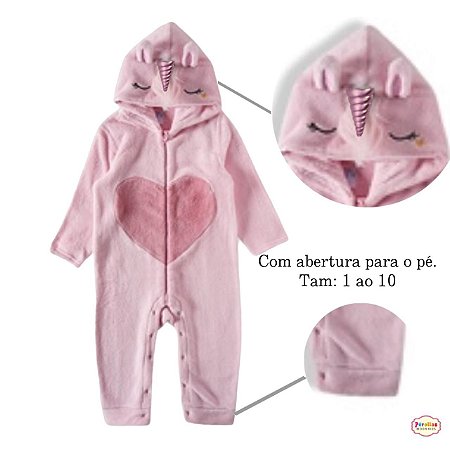 Macacão Infantil Kids De Pelúcia Plush Unicórnio Tip Top