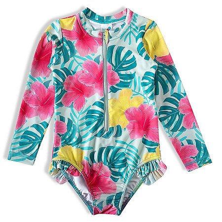 Maiô Body Manga Longa Com Proteção Solar Zíper Floral Tip Top
