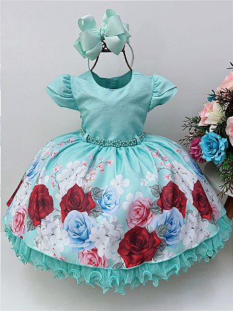 Vestido Infantil Floral Verde Luxo Menina Bonita