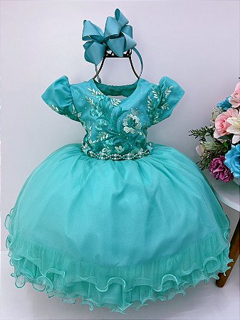 Vestido Infantil Verde C/ Renda Cinto Pérolas Luxo Menina Bonita