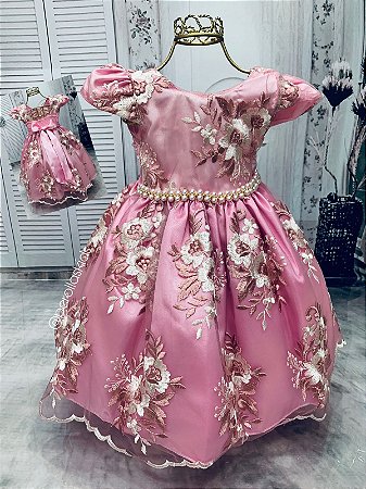 Vestido Infantil Vermelho Renda Festas Luxo Princesas - Rosa