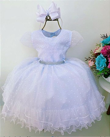 Vestido Infantil Batizado Branco Strass Poá