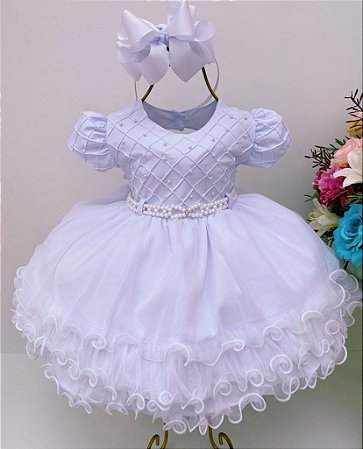 Vestido Infantil Batizado Branco Babados Strass