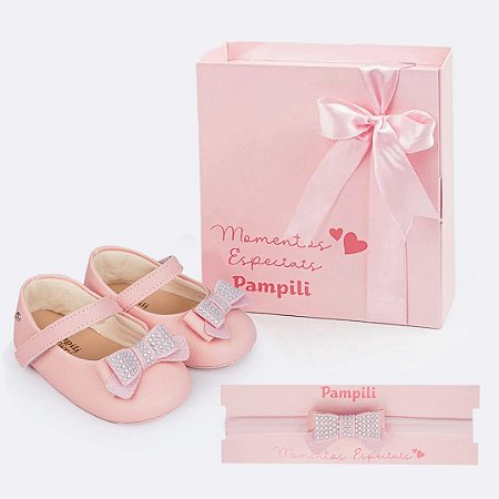 Sapato de Bebê Pampili Laço Strass Rosa + Tiara de Cabelo