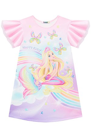 Vestido Infantil em Fly Tech e Tule sereia Kukiê rosa