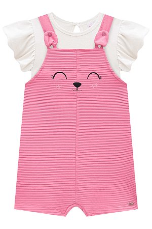 Conjunto baby de Body em Cotton e Jardineira em Moletom Relevo Kukiê Rosa
