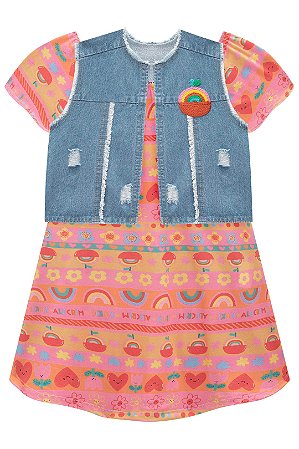 Vestido em Malha Fresh e Colete em Jeans Arkansas Kukiê