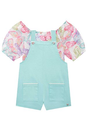Conjunto de Blusa Cropped em Malha Texturizada e Jardineira em Sarja com Elastano borboletas Kukiê