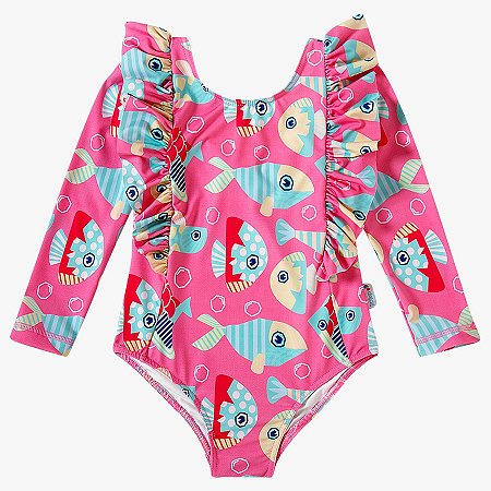 Maiô Body Manga Longa Com Proteção Solar Peixinho Tip Top