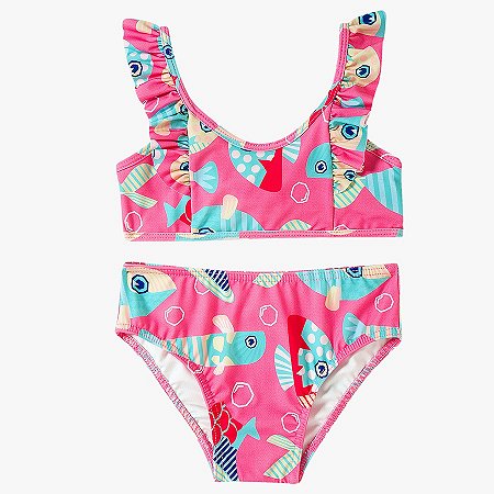 Biquíni Infantil Peixes Rosa Proteção Uv 50 Tip Top