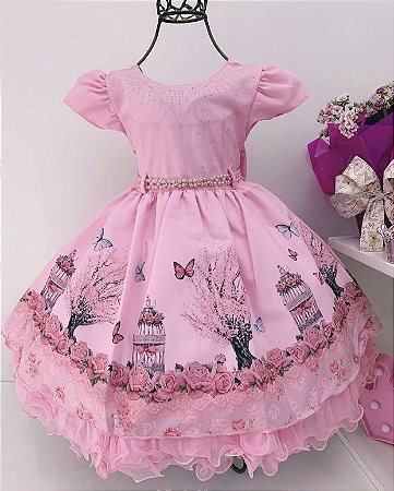 Vestido Infantil Jardim Encantado Rosa - Menina bonita 1/2/3 Anos -  Perollas Kids