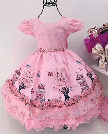 Vestido Infantil Menina Bonita Bosque Encantado Rosa