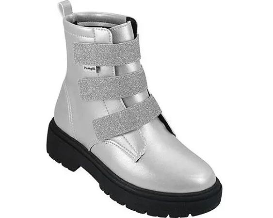 Bota Coturno Infantil Menina Pampili Velcro Triplo Glitter Prata