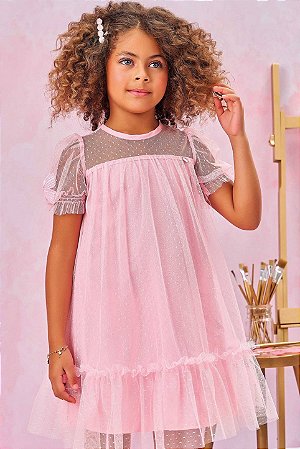 Vestido Rosa Infantil Festa Em Tule Poá Kukie