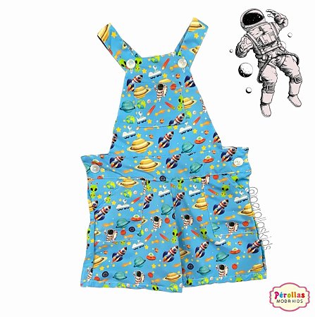 Jardineira Menino Tema Astronauta Azul 1/2/3/4 Anos