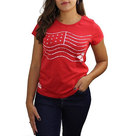 Camiseta BÃO NU MUNDO Feminina - Bandeira EUA - Vermelha