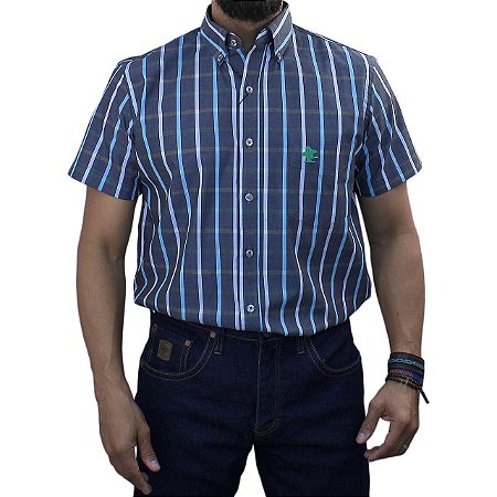 Camisa Manga Curta Sacudido's - Xadrez Azul Claro e Verde Musgo