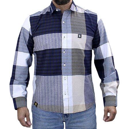 Camisa Manga Longa Sacudido's Masculina - Cinza Azul e Bege