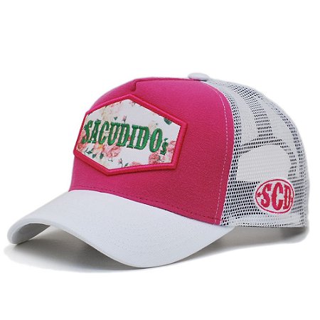 Boné Trucker Pink e Floral Bordado Alto Relevo