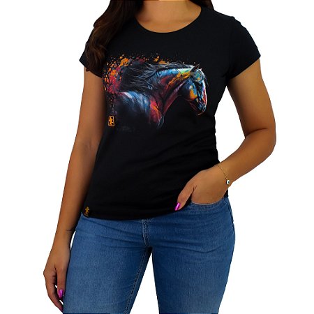 Camiseta SCD Plastisol Feminina - Pintura Cavalo - Preto