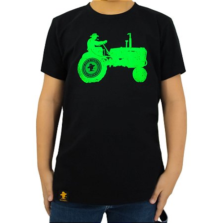 Camiseta Plastisol Infantil Sacudido's - Trator - Preto e Verde Neon